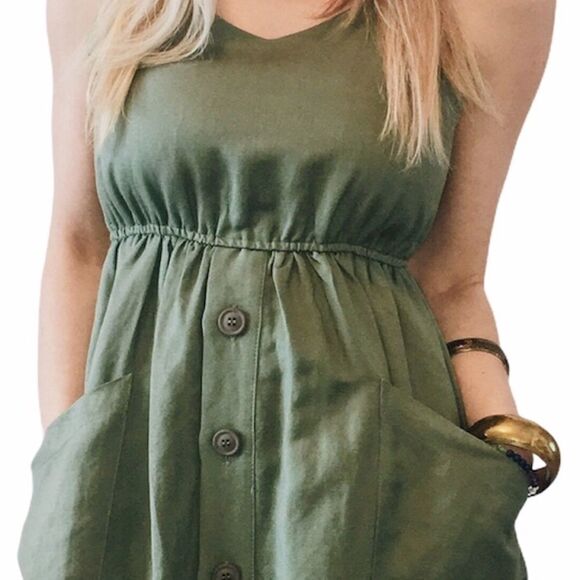 NWT THEKORNER Khaki Green Linen Long Blend Dress - Picture 6 of 10